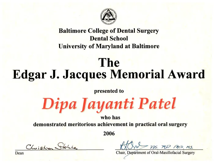 Award, Baltimore College of Dental Surgery Dental School, University of Maryland at Baltimore