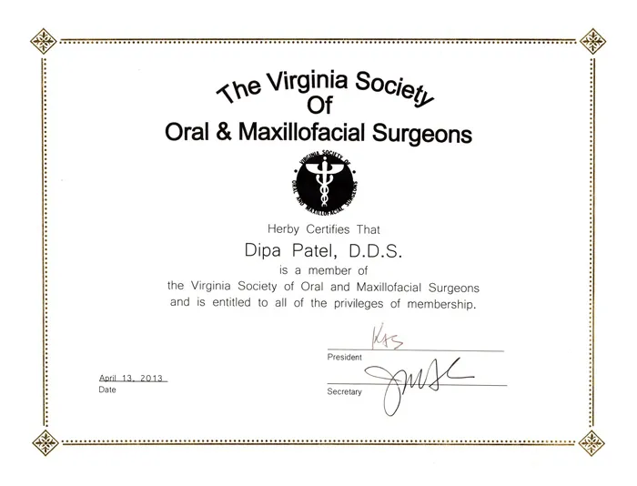 Member Certificate, The Virginia Society of Oral & Maxillofacial Surgeons (VSOMS)