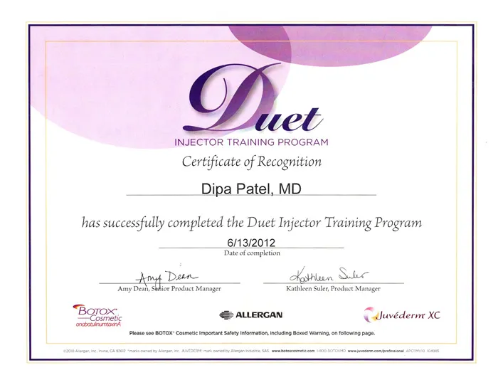 Duet Injector Training Program certificate of Recognition
