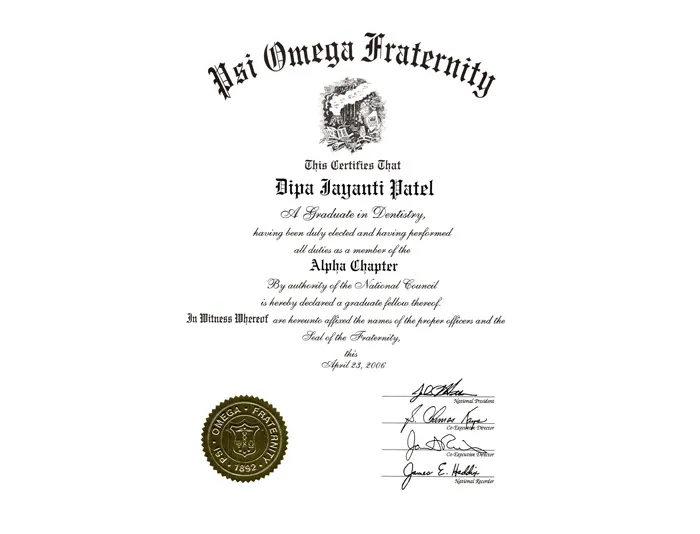 Psi Omega Dental Fraternity Certificate