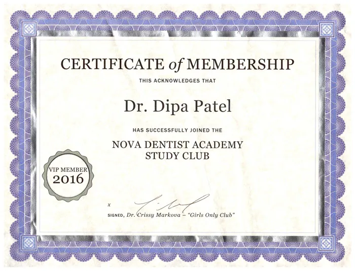 NOVA Dentist Academy Study Club Certificate