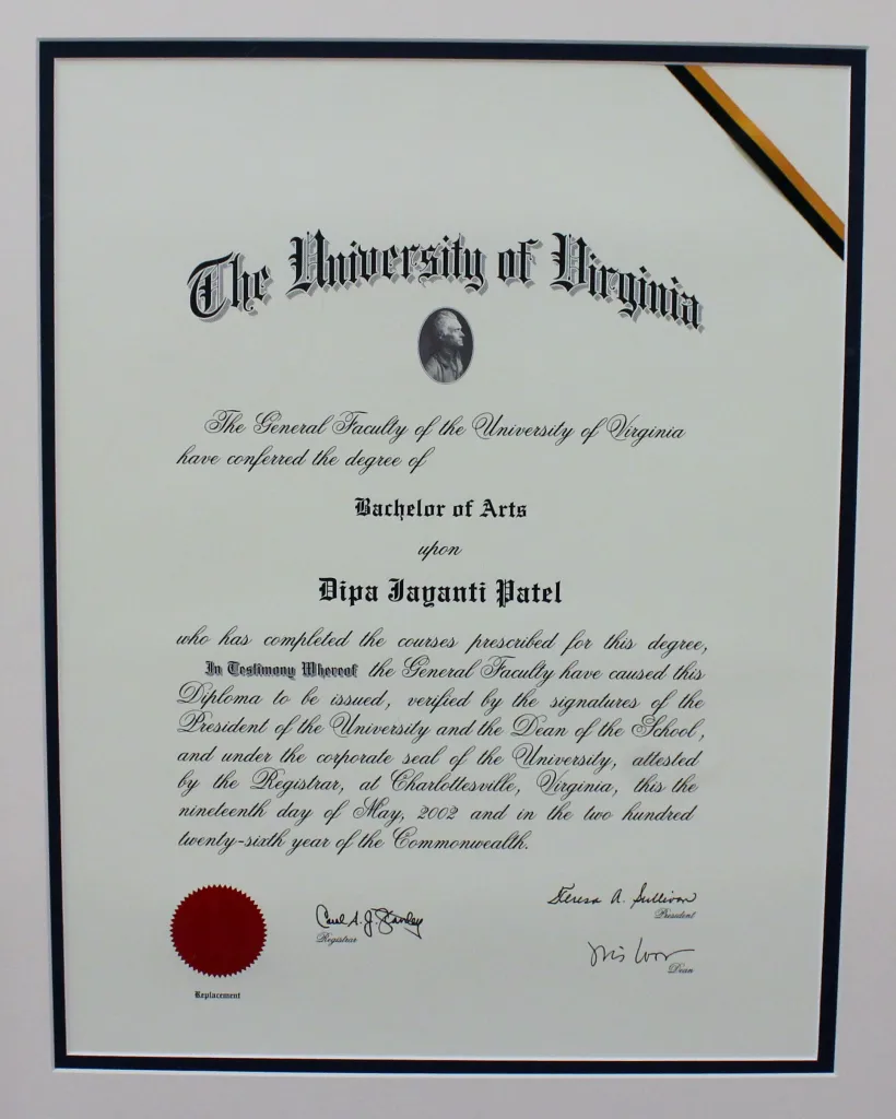 University of Virginia conferred the degree of Bachelor of Arts to Dipa Patel