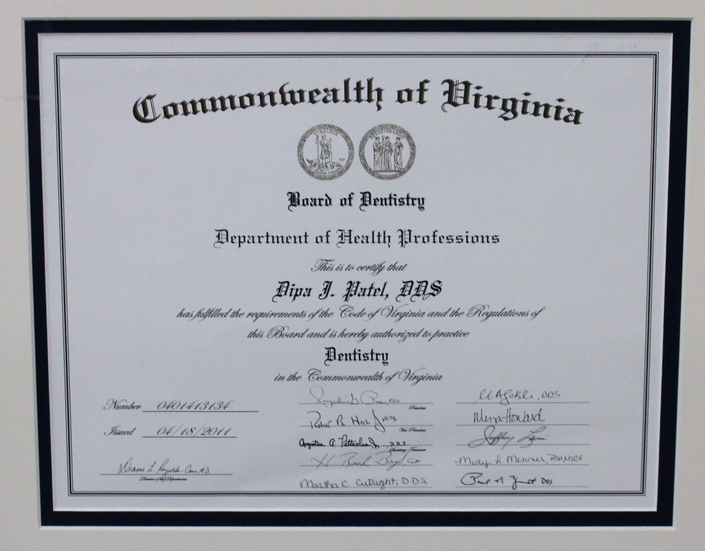 Commonwealth of Virginia certificate for Dr Patel to practice Dentistry
